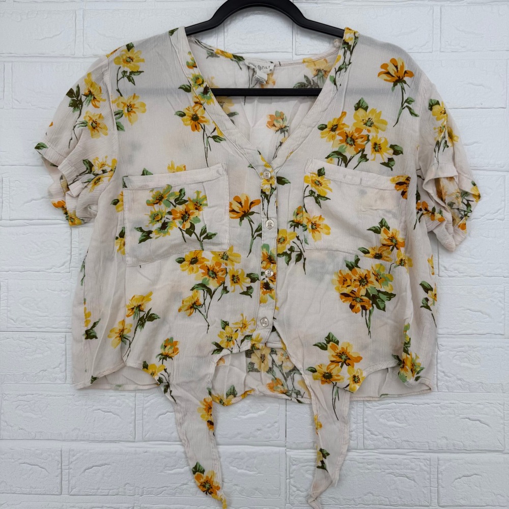 Full Tilt Floral Tie Front Top Womens Medium Yellow Cream Button Up Crop Shirt